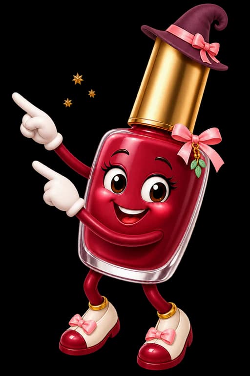 Cheerful nail polish character pointing at the booking button