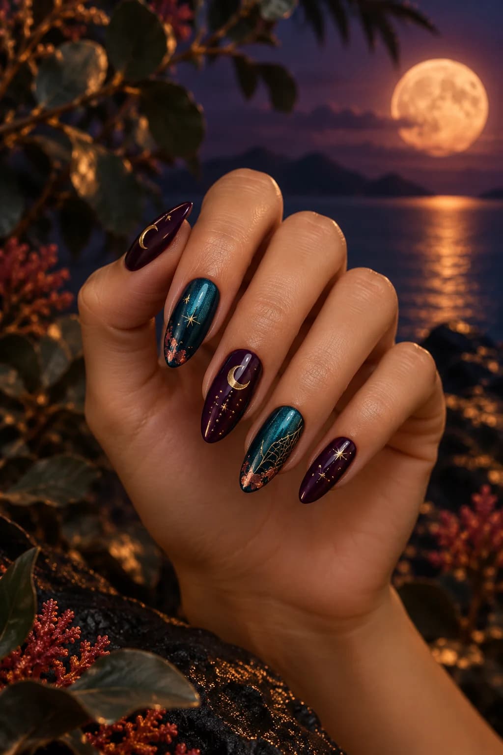 Plum and teal Halloween manicure with fine gold moons and stars — generated design inspiration