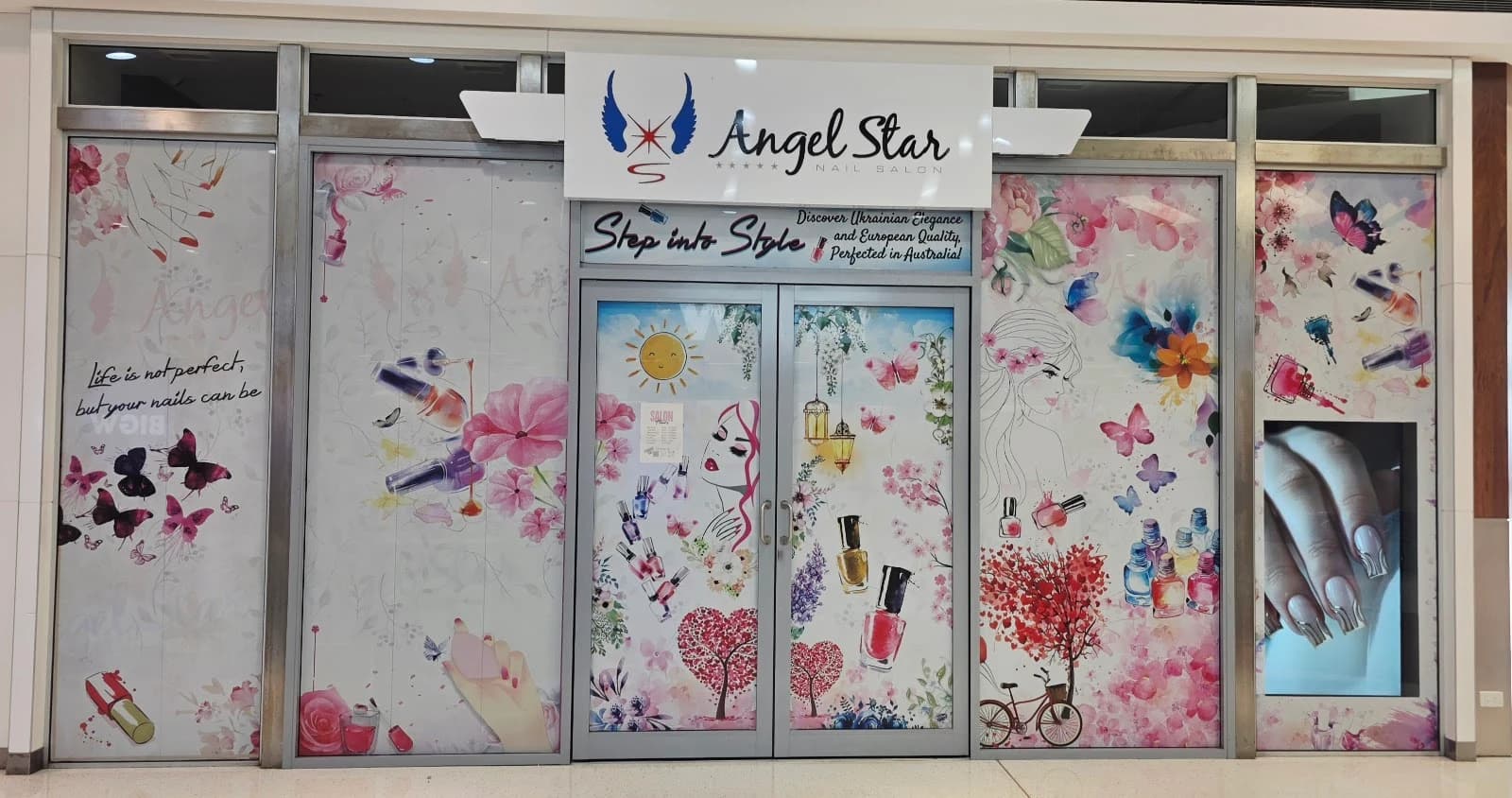 Angel Star Nail Salon entrance at Shop 42, Pialba Place, with its Angel Star sign and floral shopfront